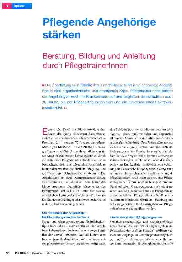 Vorschauseite 1: Pflegende Angehörige stärken Beratung, Bildung und Anleitung durch Pflegetrainerinnen