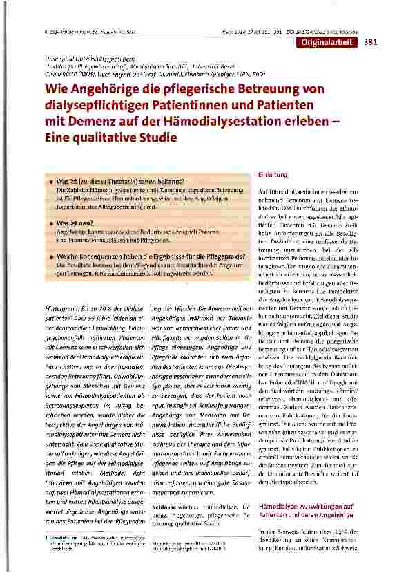 Vorschauseite 1: Wie Angehörige die pflegerische Betreuung von dialysepflichtigen Patientinnen und Patienten mit Demenz auf der Hämodialysestation erleben -Eine qualitative Studie