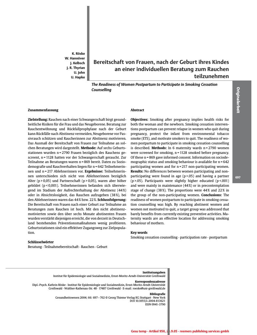 Vorschauseite 1: Bereitschaft von Frauen, nach der Geburt ihres Kindes an einer individuellen Beratung zum Rauchen teilzunehmen