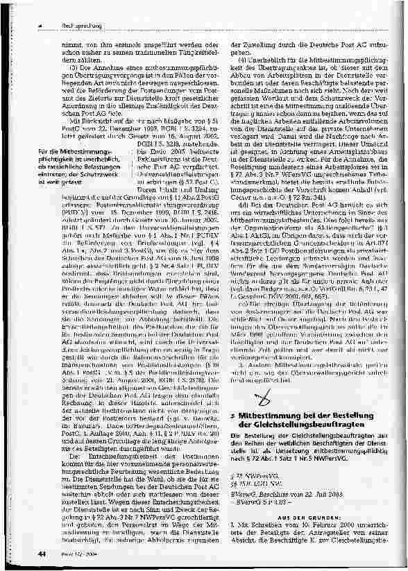Vorschauseite 1: Mitbestimmung bei der Bestellung der Gleichstellungsbeauftragten BVerwG, Beschluss vom 22. Juli 2003