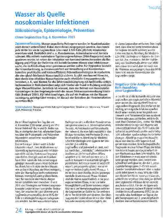 Vorschauseite 1: Wasser als Quelle nosokomialer Infektionen - Mikrobiologie, Epidemiologie, Prävention Ulmer Legionellen-Tag, 4. November 2003