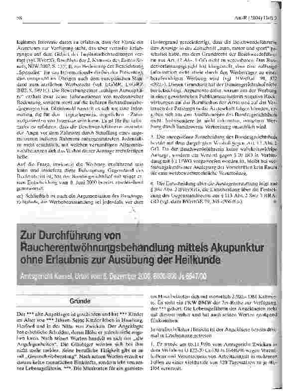Vorschauseite 1: Zur Durchführung von Raucherentwöhnungsbehandlung mittels Akupunktur ohne Erlaubnis zur Ausübung der Heilkunde
