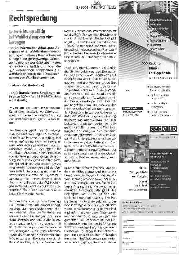 Vorschauseite 1: RechtsprechungUnterrichtungspflicht bei Wahlleistungsvereinbarungen