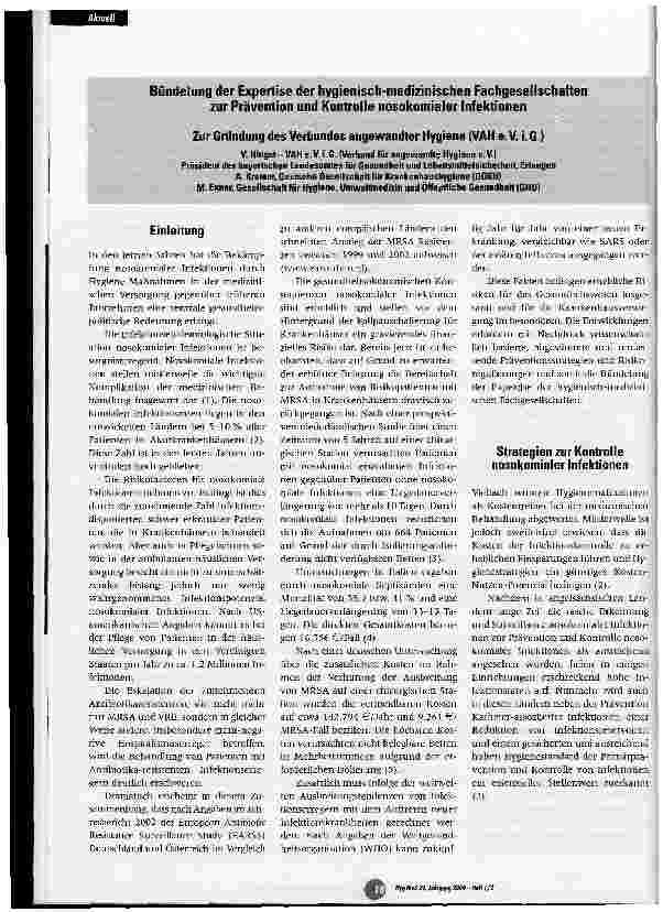 Vorschauseite 1: Bündelung der Expertise der hygienisch-medizinischen Fachgesellschaften zur Prävention und Kontrolle nosokomialer Infektionen Zur Gründung des Verbundes angewandter Hygiene (VAH e…