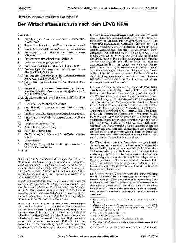 Vorschauseite 1: Der Wirtschaftsausschuss nach dem LPVG NRW