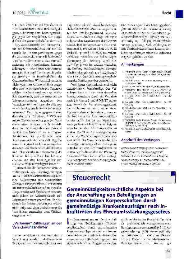 Vorschauseite 1: Gemeinnützigkeitsrechtliche Aspekte bei der Anschaffung von Beteiligungen an gemeinnützigen Körperschaften durch gemeinnützige Krankenhausträger nach In-krafttreten des Ehrenamtss…