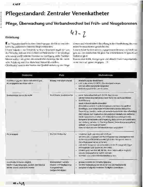 Vorschauseite 1: Pflegestandard: Zentraler Venenkatheter Pflege, Überwachung und Verbandwechsel bei Frühund Neugeborenen