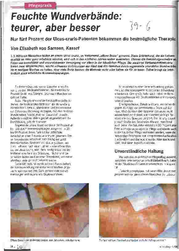 Vorschauseite 1: Feuchte Wundverbände: teurer, aber besser Nur 5 % der Ulcus-Cruris-Patienten bekommen die bestmögliche Therapie