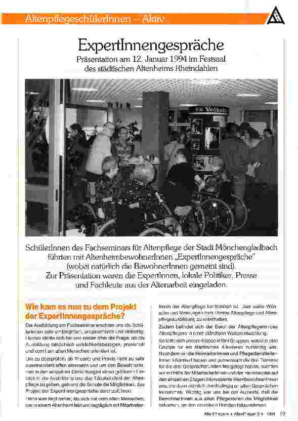 Vorschauseite 1: ExpertinnengesprächePräsentation am 12. Januar 1994 im Festsaal des städtischen Altenheims Rheindahlen