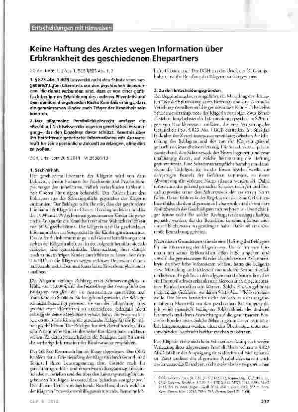 Vorschauseite 1: Keine Haftung des Arztes wegen Information über Erbkrankheit des geschiedenen Ehepartners
