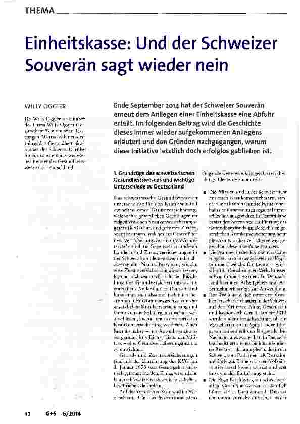 Vorschauseite 1: Einheitskasse: Und der Schweizer Souverän sagt wieder nein