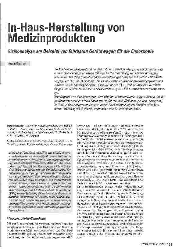 Vorschauseite 1: In-Haus-Herstellung von Medizinprodukten Risikoanalyse am Beispiel von fahrbaren Gerätewagen für die Endoskopie