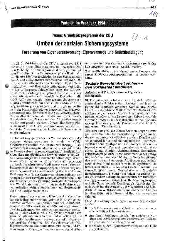 Vorschauseite 1: Neues Grundsatzprogramm der CDU: Umbau der sozialen Sicherungssysteme Förderung der Eigenverantwortung, Eigenvorsorge und Selbstbeteiligung