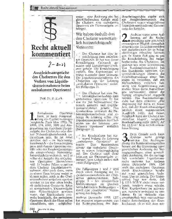 Vorschauseite 1: Ausgleichsansprüche der Chefarztes für den Verlust von Liquidationseinnahmen beim ambulanten Operieren?