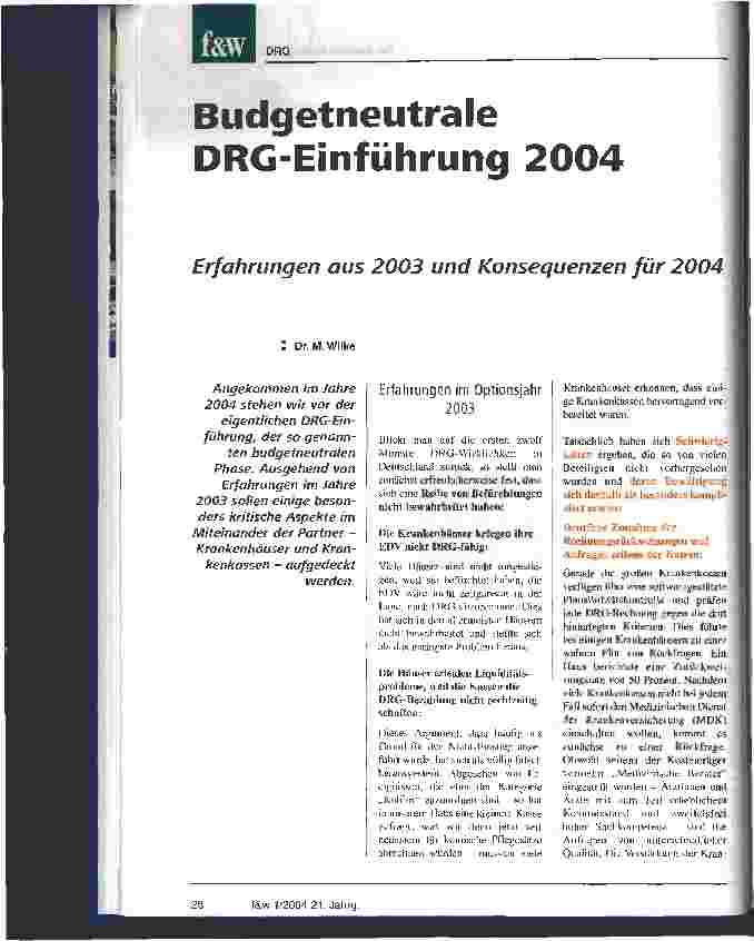 Vorschauseite 1: Budgetneutrale DRG-Einführung 2004 Erfahrungen aus 2003 und Konsequenzen für 2004