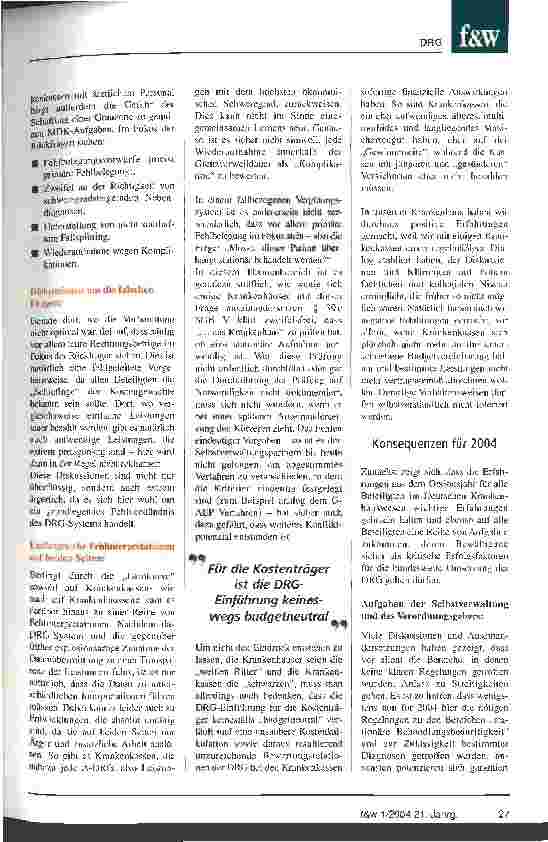 Vorschauseite 2: Budgetneutrale DRG-Einführung 2004 Erfahrungen aus 2003 und Konsequenzen für 2004