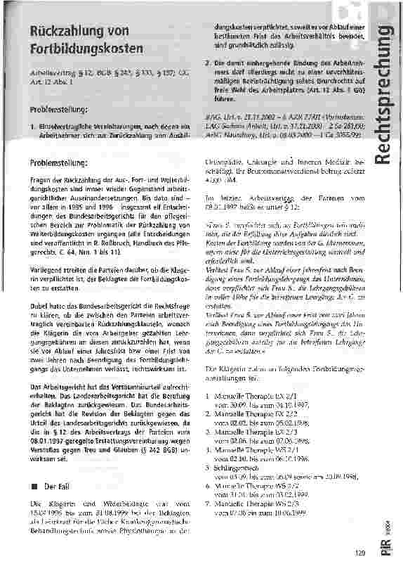 Vorschauseite 1: Rückzahlung von Fortbildungkosten BAG, Urteil vom 21.11.2002