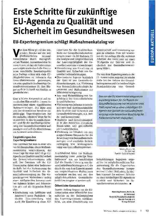 Vorschauseite 1: Erste Schritte für zukünftige EU-Agenda zu Qualität und Sicherheit im Gesundheitswesen