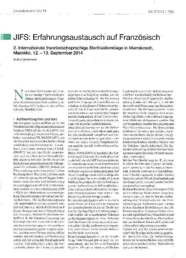 Vorschauseite 1: JIFS: Erfahrungsaustausch auf Französisch 2. Internationale französischsprachige Sterilisationstage in Marrakesch, Marokko, 12. -13. September 2014