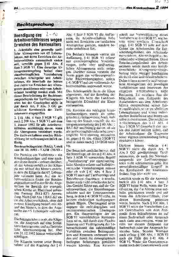 Vorschauseite 1: Beendigung des Arbeitsverhältnisses wegen Erreichen des Rentenalters BAG, 20.10.93 7 AZR 135/93