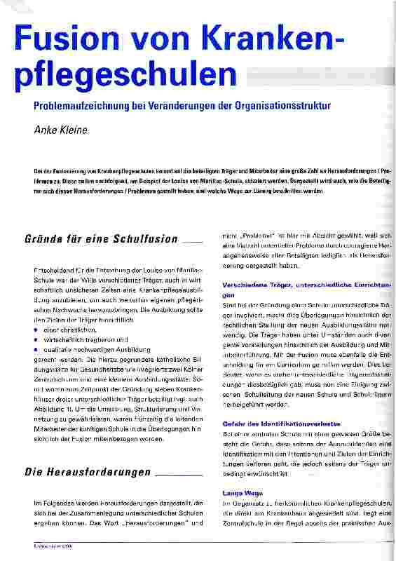 Vorschauseite 1: Fusion von Krankenpflegeschulen Problemaufzeichnung bei Veränderungen der Organisationsstruktur