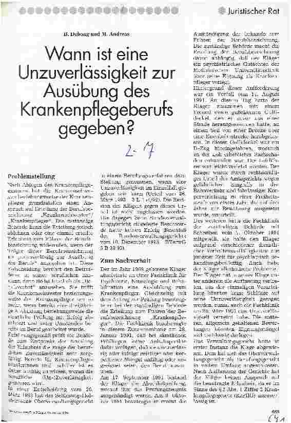 Vorschauseite 1: Wann ist eine Unzuverlässigkeit zur Ausübung des Krankenpflegeberufes gegeben?