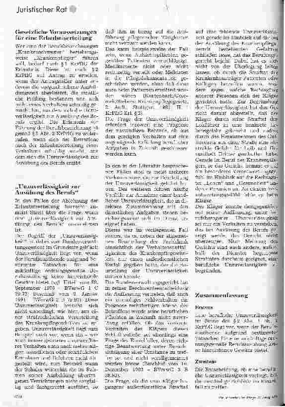 Vorschauseite 2: Wann ist eine Unzuverlässigkeit zur Ausübung des Krankenpflegeberufes gegeben?
