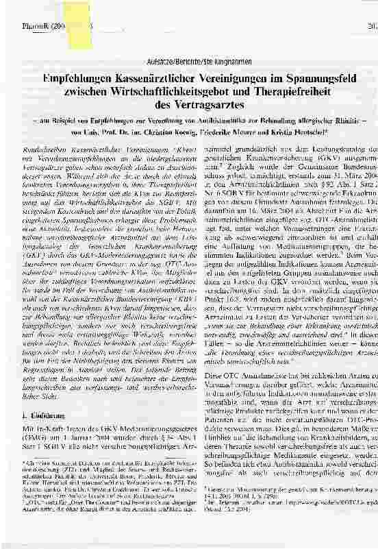 Vorschauseite 1: Empfehlungen Kassenärztlicher Vereinigungen im Spannungsfeld zwischen Wirtschaftlichkeitsgebot und Therapiefreiheit des Vertragsarztes