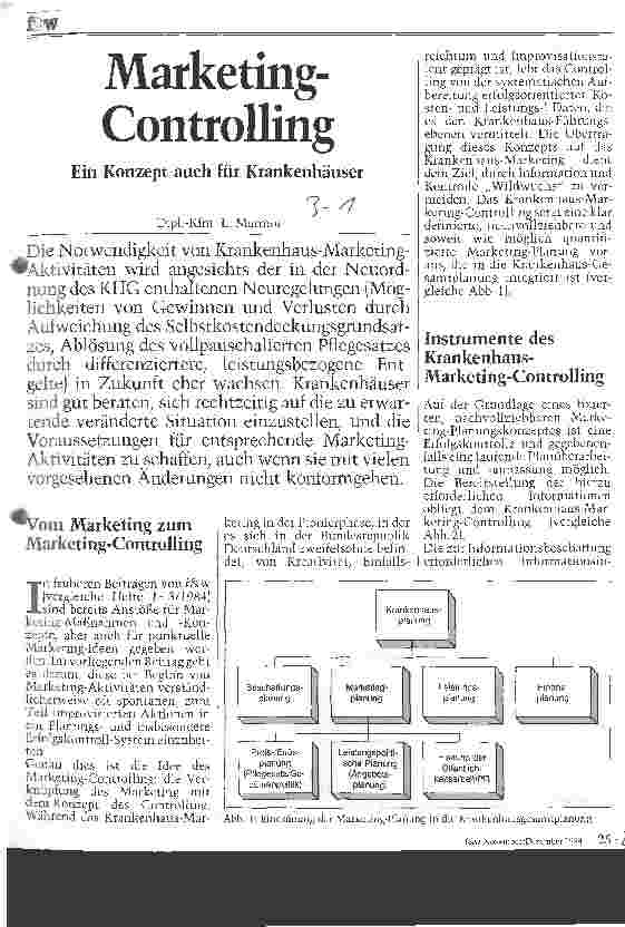 Vorschauseite 1: Marketing-Controlling Ein Konzept auch für Krankenhäuser
