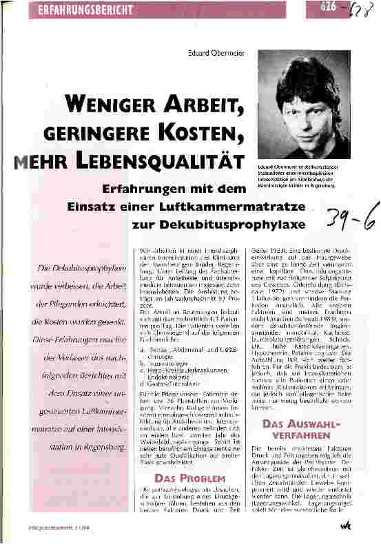 Vorschauseite 1: Weniger Arbeit, geringere Kosten, mehr Lebensqualität Erfahrungen mit dem Einsatz einer Luftkammermatratze zur Dekubitus-