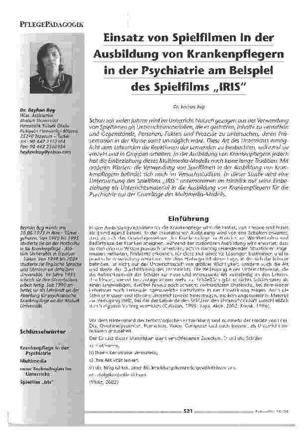 Vorschauseite 1: Einsatz von Spielfilmen in der Ausbildung von Krankenpflegern in der Psychiatrie am des Spielfilms IRIS