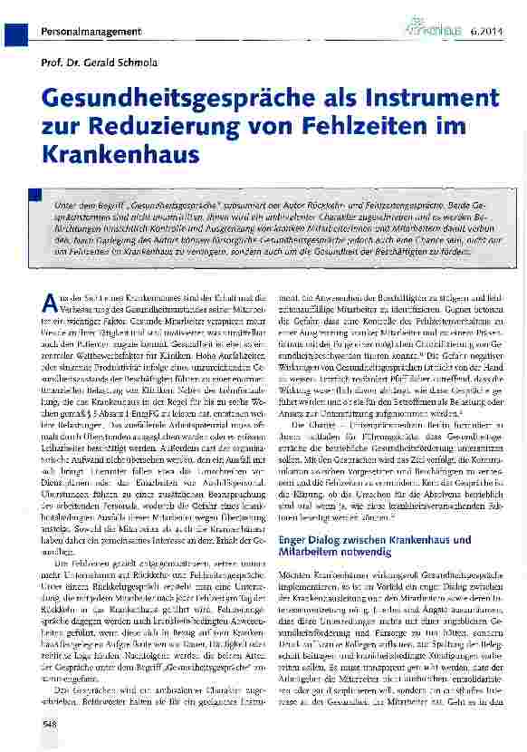 Vorschauseite 1: Gesundheitsgespräche als Instrument zur Reduzierung von Fehlzeiten im Krankenhaus