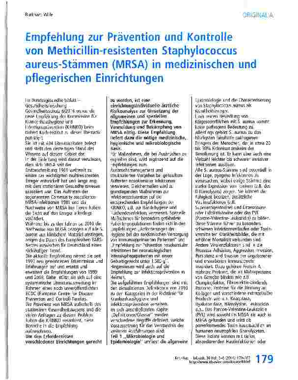 Vorschauseite 1: Empfehlung zur Prävention und Kontrolle von Methicillin-resistenten Staphylococcus aureus-Stämmen (MRSA) in medizinischen und pflegerischen Einrichtungen