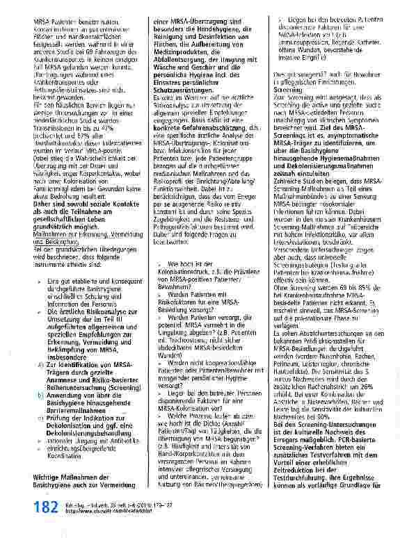 Vorschauseite 4: Empfehlung zur Prävention und Kontrolle von Methicillin-resistenten Staphylococcus aureus-Stämmen (MRSA) in medizinischen und pflegerischen Einrichtungen