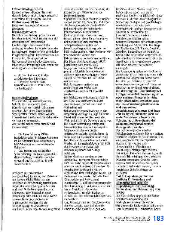 Vorschauseite 5: Empfehlung zur Prävention und Kontrolle von Methicillin-resistenten Staphylococcus aureus-Stämmen (MRSA) in medizinischen und pflegerischen Einrichtungen