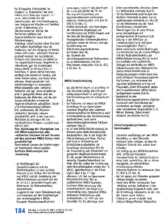 Vorschauseite 6: Empfehlung zur Prävention und Kontrolle von Methicillin-resistenten Staphylococcus aureus-Stämmen (MRSA) in medizinischen und pflegerischen Einrichtungen