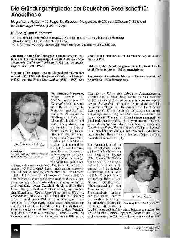 Vorschauseite 1: Die Gründungsmitglieder der Deutschen Gesellschaft für Anaesthesie Biografische Notizen - 10. Folge: Dr. Elisabeth-Margarethe Gräfin von Lüttichau und Dr. Esther-Inge Krabbe