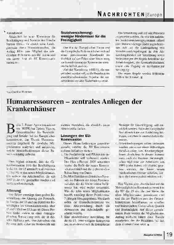 Vorschauseite 1: Humanressourcen - zentrales Anliegen der Krankenhäuser