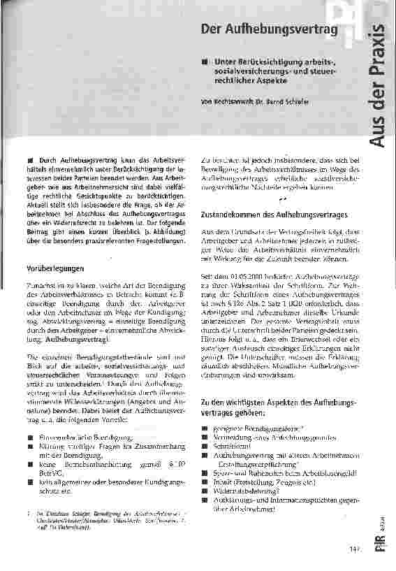 Vorschauseite 1: Der Aufhebungsvertrag Unter Berücksichtigung arbeits-, sozialversicherungsund steuerrechtlicher Aspekte
