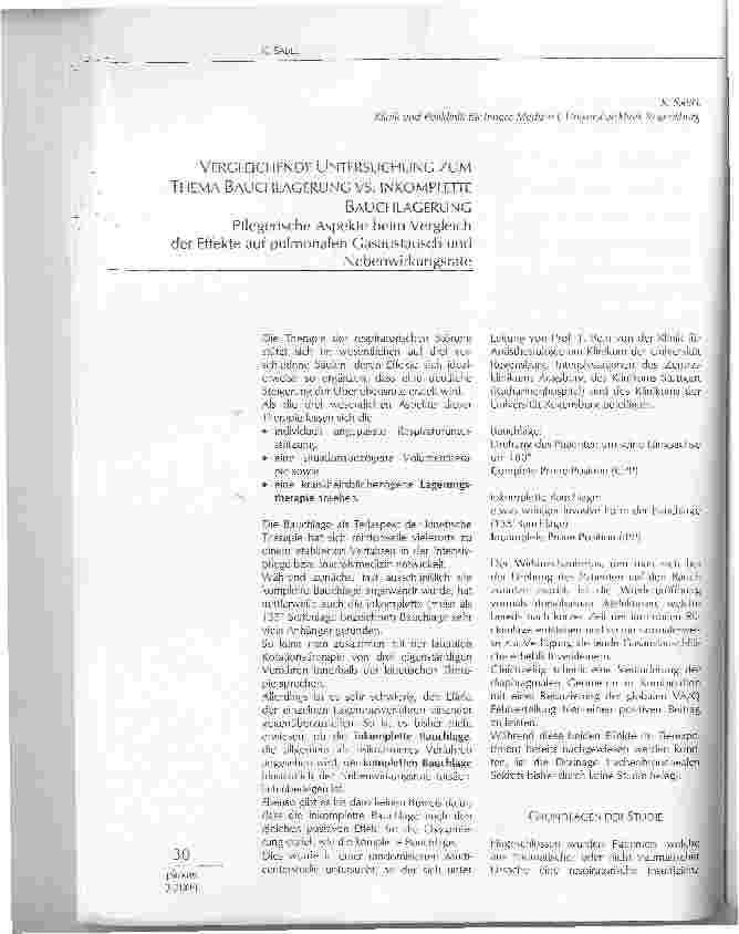 Vorschauseite 1: VERGLEICHENDE UNTERSUCHUNG ZUM THEMA BAUCHLAGERUNG VS. INKOMPLETTEBAUCHLAGERUNGPflegerische Aspekte beim Vergleich der Effekte auf pulmonalen Gasaustausch und Nebenwirkungsrate