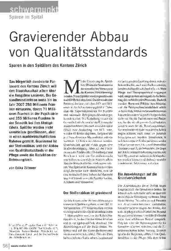 Vorschauseite 1: Gravierender Abbau von QualitätsstandardsSparen in den Spitälern des Kantons Zürich