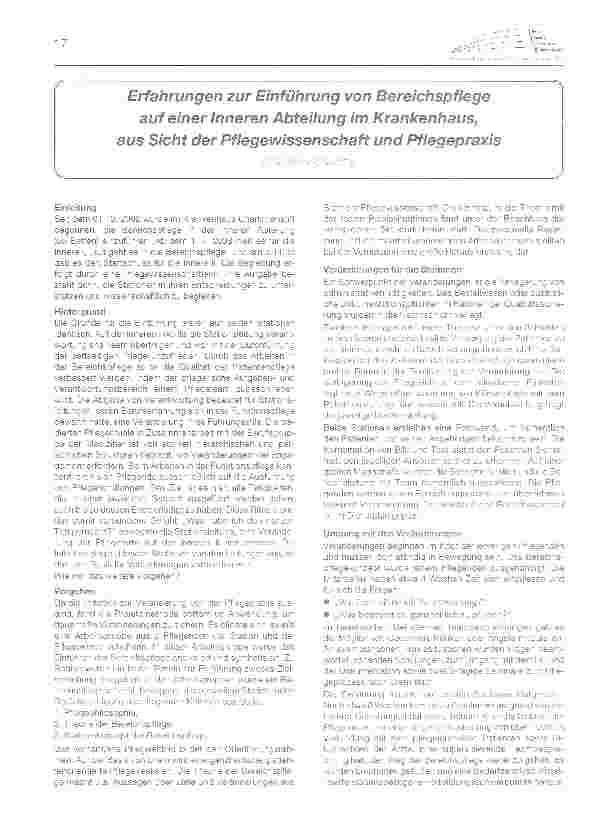 Vorschauseite 1: Erfahrungen zur Einführung von Bereichspflegeauf einer inneren Abteilung im Krankenhaus, aus Sicht der Pflegewissenschaft und Pflegepraxis