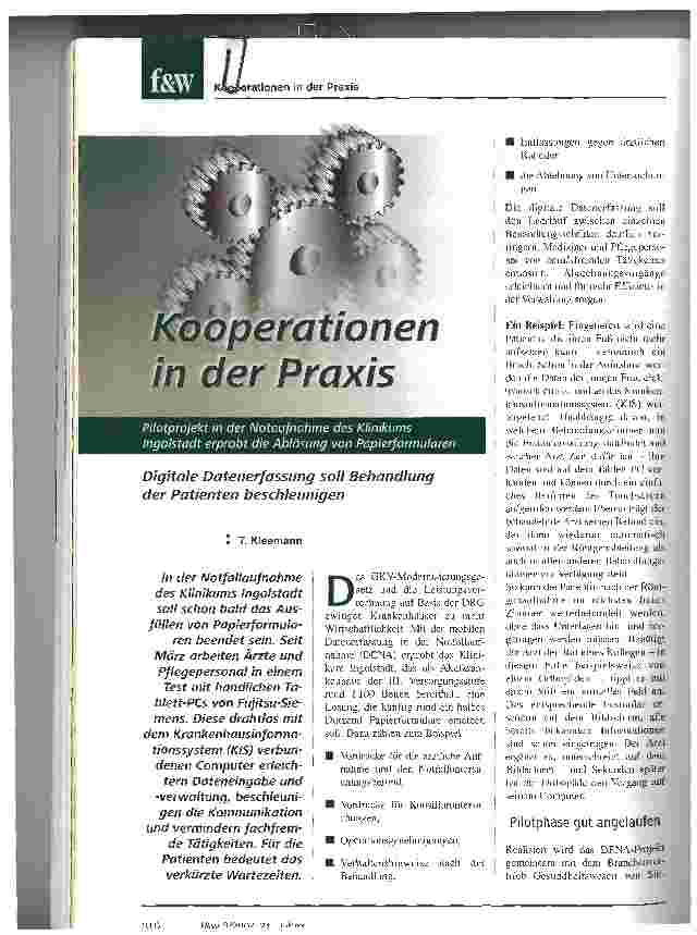Vorschauseite 1: Kooperationen in der PraxisDigitale Datenerfassung soll Behandlung der Patienten beschleunigenPilotprojekt in der Notaufnahme des Klinikums Ingolstadt erprobt die Ablösung von Pap…