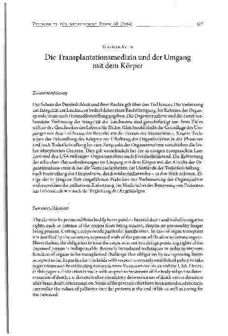 Vorschauseite 1: Die Transplantationsmedizin und der Umgang mit dem Körper
