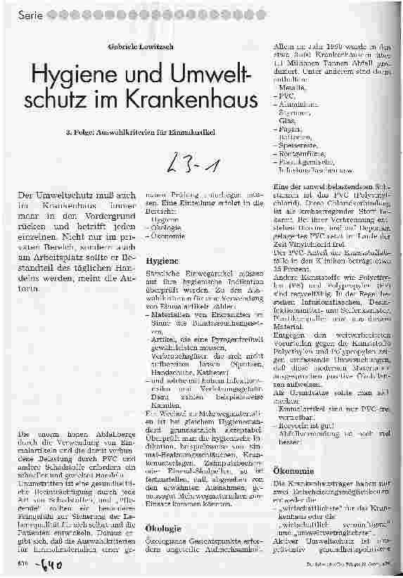Vorschauseite 1: Hygiene und Umweltschutz im Krankenhaus 3. Folge: Auswahlkriterien für Einmalartikel