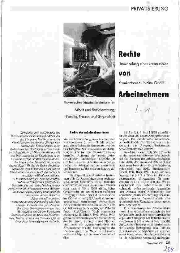 Vorschauseite 1: Rechte von Arbeitnehmern Umwandlung eines kommunalen Krankenhauses in eine GmbH