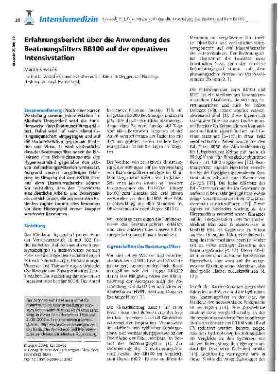 Vorschauseite 1: Erfahrungsbericht über die Anwendung des Beatmungsfilters BB100 auf der operativen Intensivstation