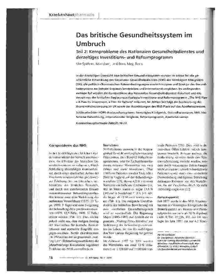 Vorschauseite 1: Das britische Gesundheitssystem im Umbruch Teil 2: Kernprobleme des Nationalen Gesundheitsdienstes und derzeitiges Investitionsund Reformprogramm