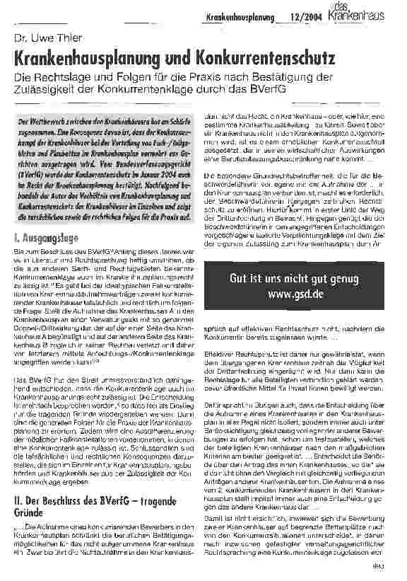 Vorschauseite 1: Krankenhausplanung und KonkurrentenschutzDie Rechtslage und Folgen für die Praxis nach Bestätigung der Zulässigkeit der Konkurrenten klage durch das BVerfG