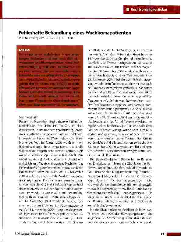 Vorschauseite 1: Fehlerhafte Behandlung eines Wachkomapatienten OLG Naumburg vom 22.8.2013 (1 U 118/11)